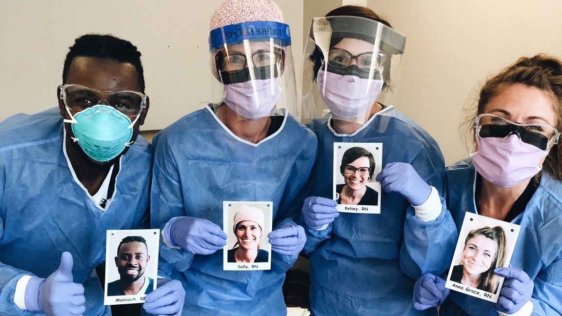PiedmontHealth's tweet photo. ICU nurses are heroes, but they're human too! And human connection counts for our patients.

That's why our #DifferenceMakers in heavy protective gear share photos of their faces. Under PPE, they're people too—people with superhuman skill, that is!

Thank you, ICU nurses.🧡 https://t.co/dXilXz9nkp