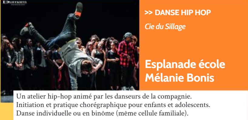 L’atelier hip-hop prévu ce samedi devant Mélanie Bonis est reporté du fait de la canicule. Les trop fortes chaleurs ce samedi ne permettent pas la tenue de cet événement dans ces conditions.