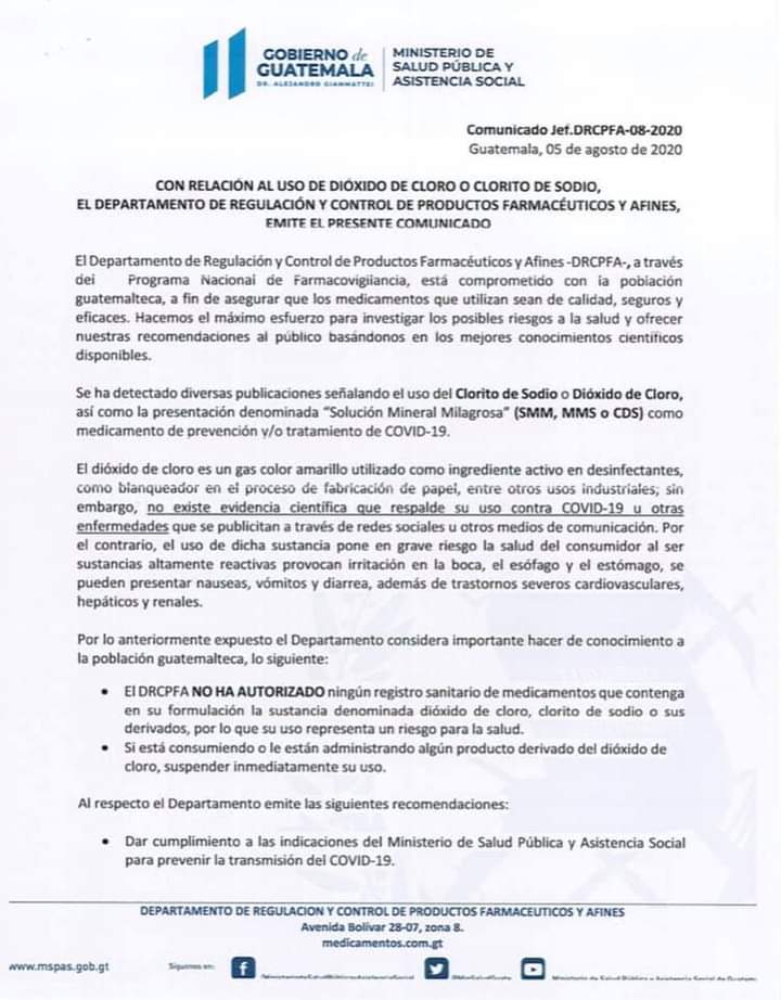 PrensaComunitar's tweet photo. El Departamento de Regulación y Control de Productos Farmacéuticos y Afines (DRCPFA) solicita que a las personas que estén consumiendo 𝗗𝗶𝗼𝘅𝗶𝗱𝗼 𝗱𝗲 𝗖𝗹𝗼𝗿𝗼, 𝗖𝗗𝗦 𝗼 𝗠𝗠𝗦  sea suspendido inmediatamente y denunciar al @MinSaludGuate la venta y distribución del mismo. https://t.co/zfD9myPq8V