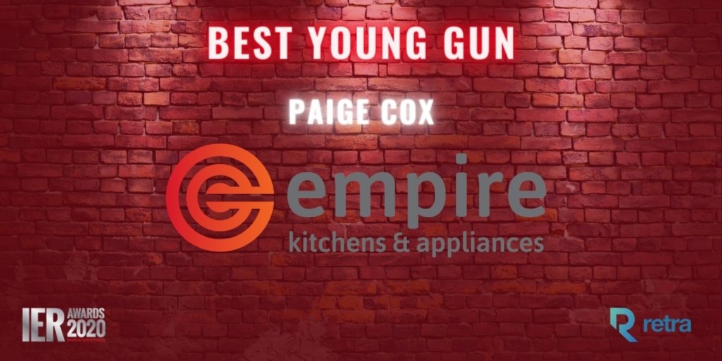 IERMag's tweet photo. Now it’s time for the prestigious Best Young Gun award, sponsored by @RetraLtd, and the trophy goes to… Paige Cox of @EmpireKitchens #IERAwards https://t.co/ZdFJiaMvTq