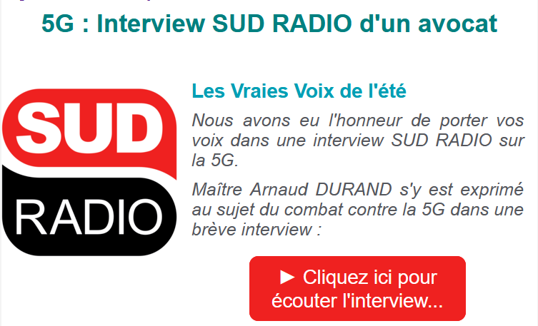 5gLinkyMonRefus's tweet photo. Nous avons eu l'honneur de porter vos voix dans une interview SUD RADIO sur la 5G. Maître Arnaud DURAND s'y est exprimé au sujet du combat contre la 5G dans une brève interview : https://t.co/4nFNs6i7JX https://t.co/988JYNBLXz
