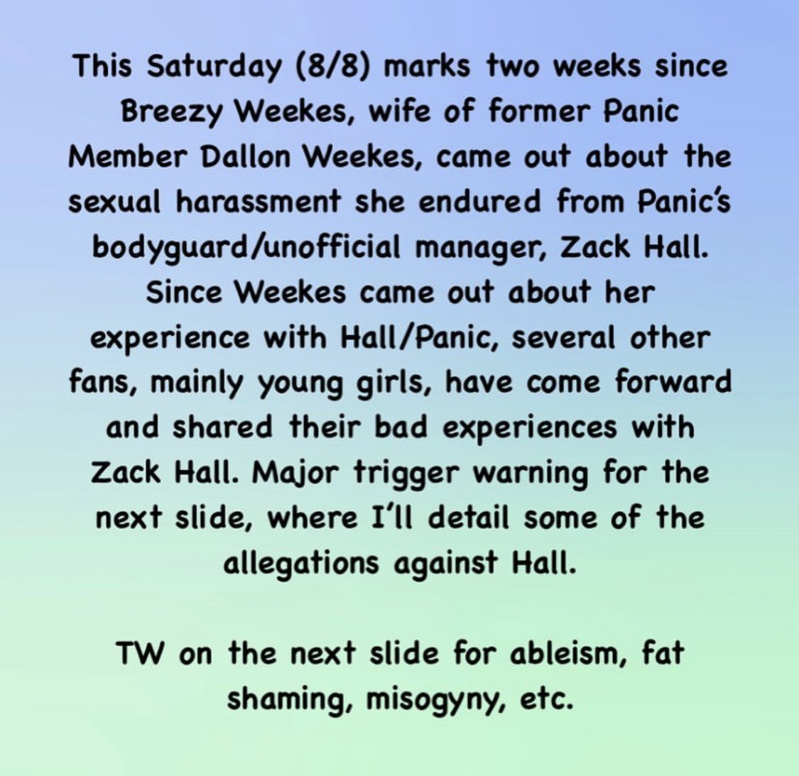JerisUniverse's tweet photo. This is an event happening involving #dismisszackhall! Credit to @/thepaniconion over on Instagram for the post! [TW - Ableism , fat shaming, body shaming, misogyny on the fourth slide] https://t.co/M9uFsAE7A3