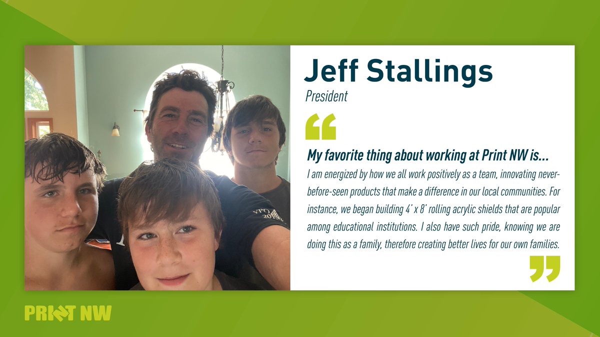 Say hello to Jeff! Jeff Stallings, an Olympian native, has been with Print NW for the past 16 years and is currently the company's President. We think he is pretty awesome and wanted to share what makes him so great. #FeatureFriday #PrintNW #IWorkforPrintNW