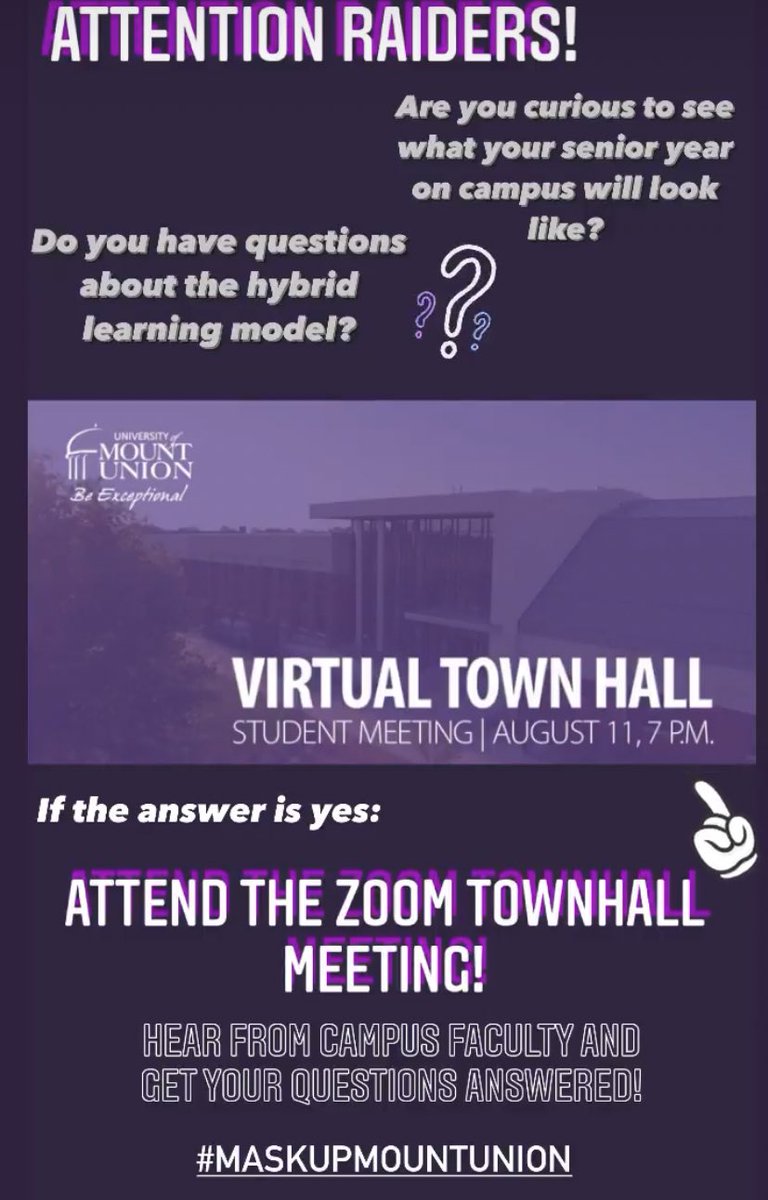 Are you nervous about the structure of this upcoming year? Do you have questions about classes, on-campus activities or extracurriculars? If so, attend the Virtual Town Hall Student Meeting on August 11th at 7 PM! 

Hope to see you there!