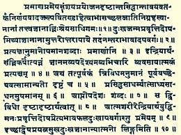 प्रमाणप्रमेयसंशय-प्रयोजनदृष्टान्तसिद्धान्तावयव-तर्कनिर्णय-वादजल्प-वितण्डाहेत्वाभासच्छल-जाति-निग्रहस्थानानाम्तत्त्वज्ञानात् निःश्रेयसाधिगमःप्रमाण: Means of valid knowledgeप्रमेय: Objects of valid knowledgeसमस्या:Doubtप्रयोजन: Purposeदृष्टांत: Exampleसिद्धांत: Conclusion