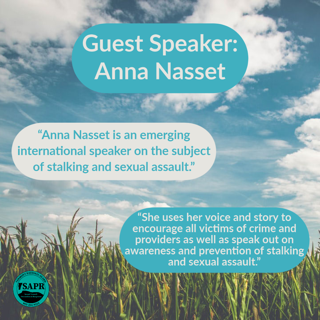 VTNGSAPR's tweet photo. Please join the VTNG in welcoming back Anna Nasset! Anna Nasset is an emerging international speaker on the subjects of stalking and sexual assault. She is a fantastic public speaker, and empowers others with her knowledge of the legal system and victims rights. https://t.co/bmxqVBZbjT