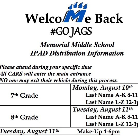 Reminder, IPad distribution for all MMS 7/8th graders, as well as MMS students attending the Online Academy is next week. #jagfam instagr.am/p/CDl2TVpjtxL/