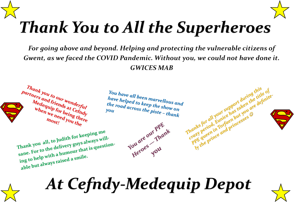 The 5 Gwent Local Authorities have received fantastic support over the last few months from Cefndy-Medequip with the coordinating and delivery of vital PPE. Below is some of the thanks expressed by the 5 LA's 🙏 @CaerphillyCBC @AneurinBevanUHB @GwentfrailtyA