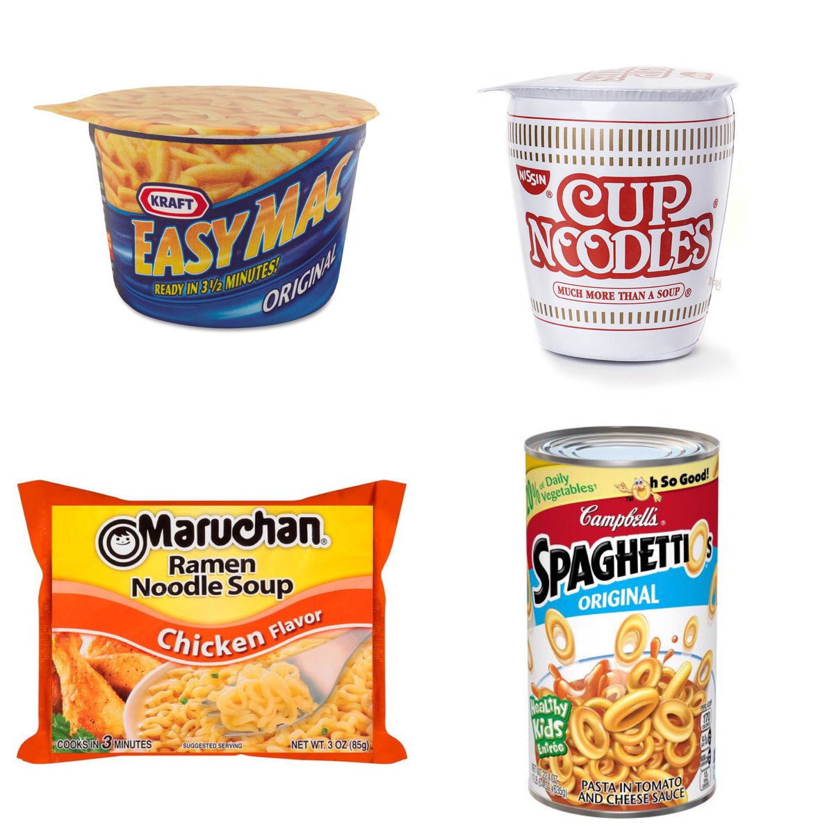 MarkArum's tweet image. Which of these legendary staples have you eaten the most of in your life? I think it’s Spaghetti O’s for me. 
#easymac #cupofnoodles #ramen #spaghettios