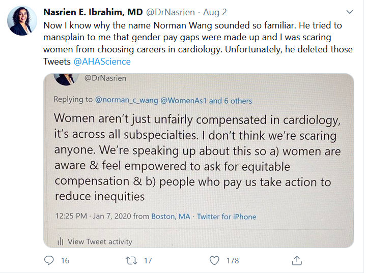 21/ @DrNasrien (Nasrien Ibriham) tried to join the pile on by saying Dr. Wang had "Mansplained" to her. But she messed up because her proof is a picture THAT DID NOT INCLUDE ANY TWEETS FROM DR. WANG. It's just a picture of her own tweets replying to Dr. Wang and 7 others...