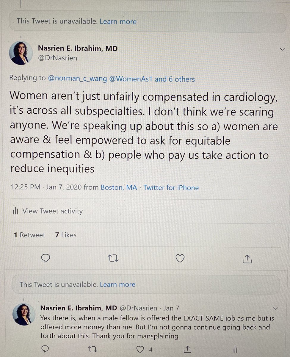 21/ @DrNasrien (Nasrien Ibriham) tried to join the pile on by saying Dr. Wang had "Mansplained" to her. But she messed up because her proof is a picture THAT DID NOT INCLUDE ANY TWEETS FROM DR. WANG. It's just a picture of her own tweets replying to Dr. Wang and 7 others...