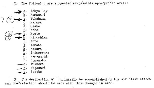 23/61The criteria were:1. Located within 1,500 miles from the Pacific airbase (that was a B-29's flight range)2. At least 3 miles in diameter3. Arms factory nearby4. Clear weather17 cities qualified.Hiroshima and Nagasaki (second last on the list) made the list.