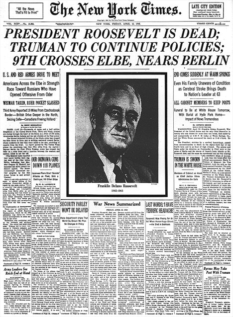 21/61On April 12, less than 3 months into his 4th term, Franklin Delano Roosevelt, died of a hemorrhage. He was succeeded by a WW1 vet named Harry S Truman. It'd take Truman another 2 weeks before he even learns about the Manhattan Project. Even Stalin knew before him.