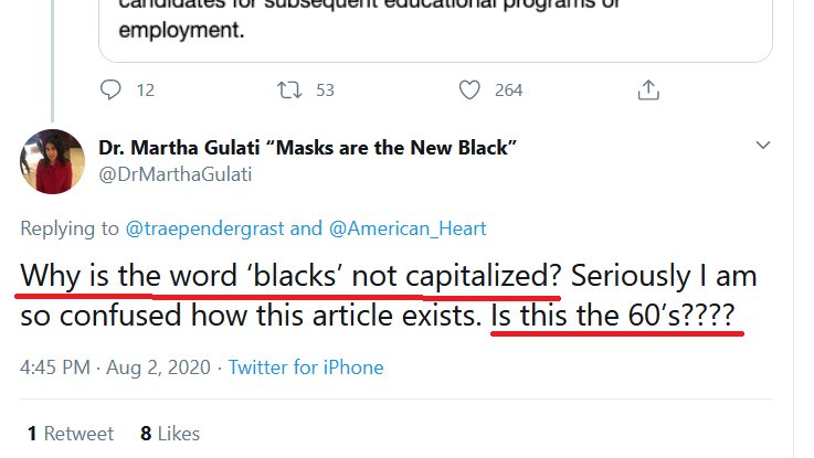 23/  @DrMarthaGulati and  @JarmanAF called Dr. Wang racist for not capitalizing the 'b' in 'black' in his paper. However, neither of these women capitalized the b in black either! Stunning hypocrisy.Also, how are you doctors and you're to dumb to realize WE CAN SEE YOUR TWEETS