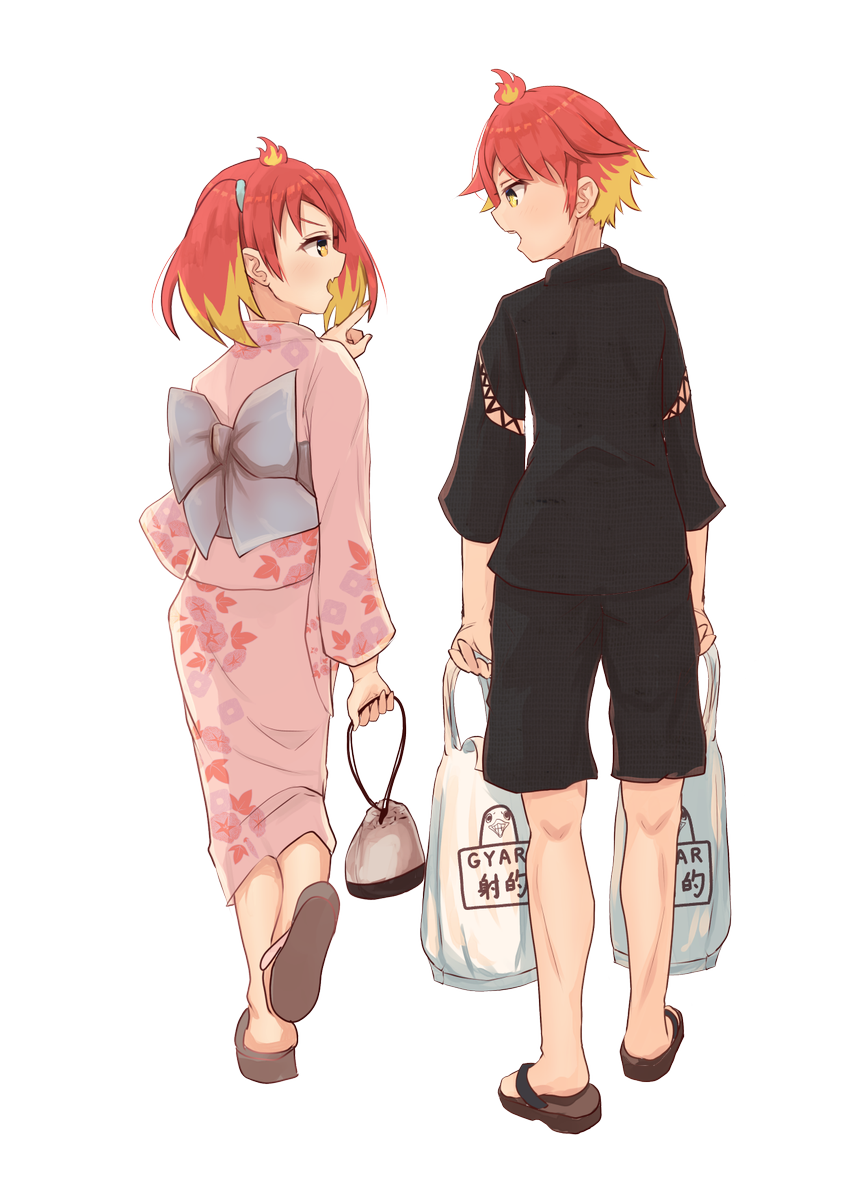 1boy 1girl blonde hair bag red hair japanese clothes kimono  illustration images