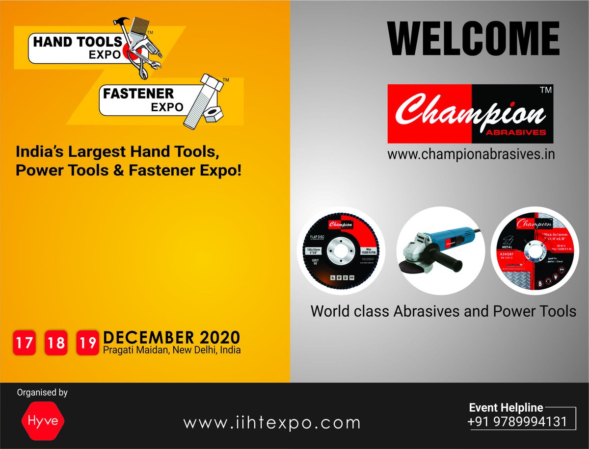 HtfExpo's tweet image. Pleased to welcome “@championabrasiv, World Class Abrasives and Power Tools” at @HtfExpo from 17-18-19 December 2020 at PragatiMaidan, New Delhi.

To know more, call us at +91 9789994131
Web: iihtexpo.com

#exhibitions #HTFEXPO2020 #handtools #powertools  #tools #Delhi