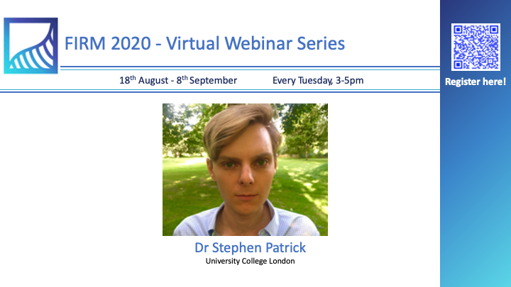 FIRMSymposium's tweet image. Final speaker confirmed for the #VirtualFIRM #webinar series! So excited to hear about stem cell tracking using nuclear imaging by Dr Stephen Patrick from @CABI_UCL. Register at firmsymposium.com/register or use the QR code below! #biomedicalimaging