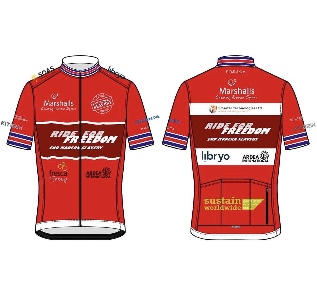 gordonmiller81's tweet photo. Love this! 🚴♂️#RideForFreedom2020🚴🏽♀️ jersey mock-up with corporate sponsors’ logos @ardeaint #FoodCell® @FrescaGroup @KitBrix @libryolegal @MarshallsGroup @Orbea @Presca @smartertechuk @soas_cisd @SustainWorld 👍🏼🙏🏻💪🏻👉https://t.co/2KnkkFRPTI #EndModernSlavery https://t.co/NjMzC9fpHt