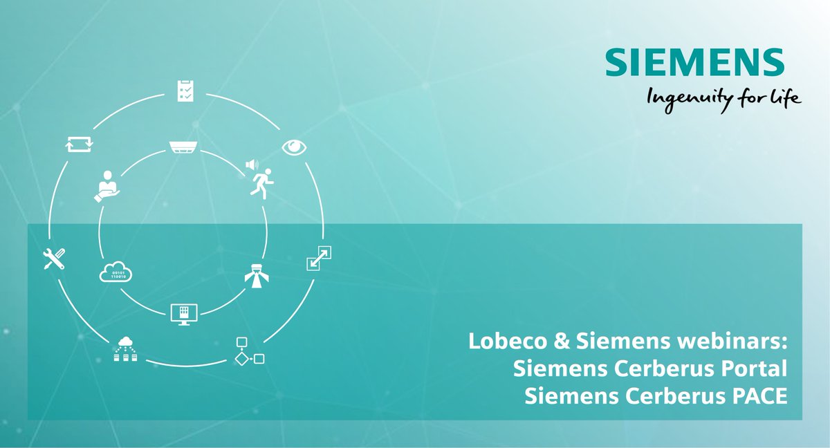 Lobeco &amp; Siemens Webinars September 2020:

01/09 tussen 10:00 - 11:00 Siemens Cerberus Portal
03/09 tussen 10:00 - 11:00 Siemens Cerberus PACE

Meer info → lobeco.nl/lobecosiemensw…

#siemens #cerberus #lobecofs