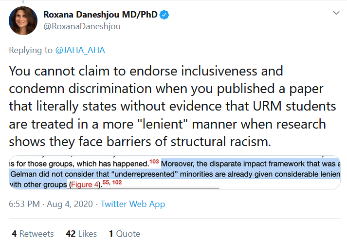 25/  @RoxanaDaneshjou (Roxana Daneshjou) first claims Dr. Wang said minorities are treated with Leniency when in fact they face structural racism. Dr. Wang never claims there's no Structural racism. "Leniency" refers to admissions standards in regard to test score requirements
