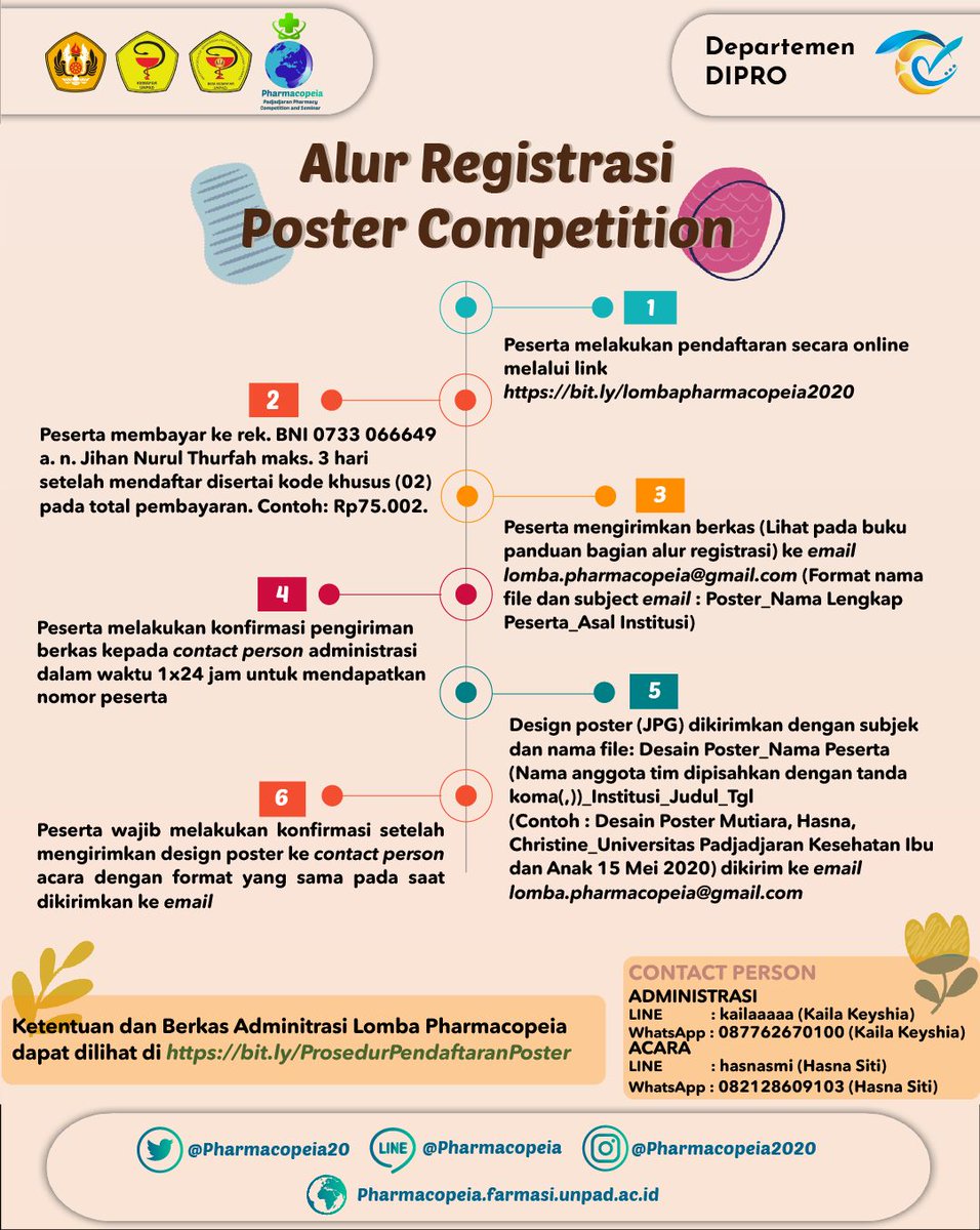 [Alur Registrasi Lomba Pharmacopeia 2020✨]

Masih bingung bagaimana alur registrasi setiap cabang lomba Pharmacopeia 2020? Yuk simak informasinya pada poster berikut🤩