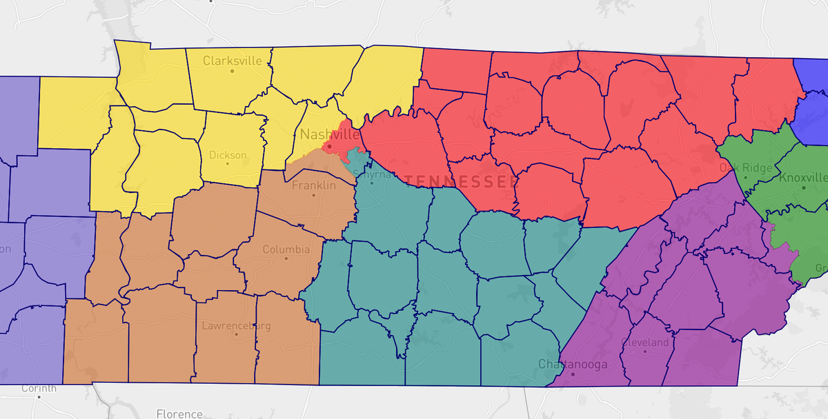Redistrict's tweet photo. TN Republicans dismantling #TN05 is a valid fear for Nashville Dems. In this 2022 hypothetical I drew, all four Middle Tennessee districts voted for Trump by 20%+ in '16. https://t.co/BwfERbMOGE