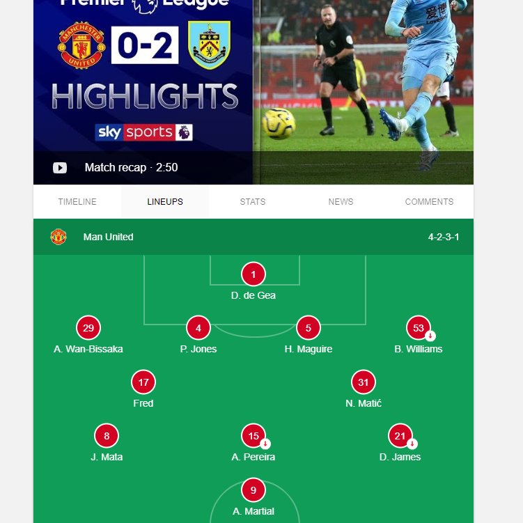 We didn't just get a major injury in one of those areas. We got one or more in defence, midfield and attack.Shaw - 4 monthsPogba - 7 monthsMartial - 3 monthsMatic - 3 monthsRashford - 4 monthsThis led to us putting out lineups like this for the first half of the season.