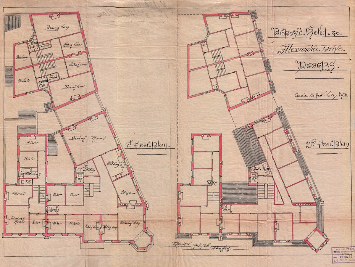 IsleOfManPRO's tweet photo. We can't let #InternationalBeerDay go past without sharing these beautiful 1892 plans for a proposed hotel on Alexandra Drive in Douglas. Modern-day local residents will know it as... the Woodbourne Hotel! #SlayntVie #Manx #IsleofMan #ExploreYourArchives #Okells ๐ป https://t.co/67Xo4kRbyp