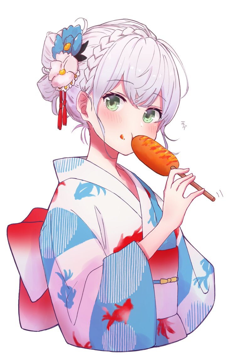 shirogane noel 1girl japanese clothes green eyes solo kimono grey hair flower  illustration images