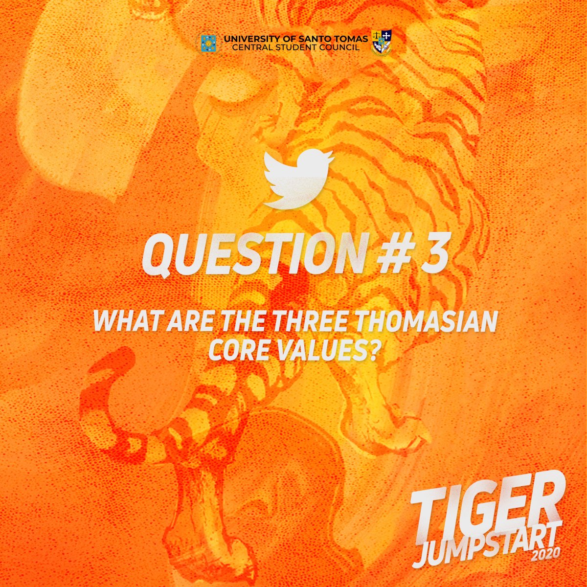 ust_csc's tweet photo. What are the three Thomasian Core Values?
#CSCTigerJumpstart2020 https://t.co/e0HKalj501