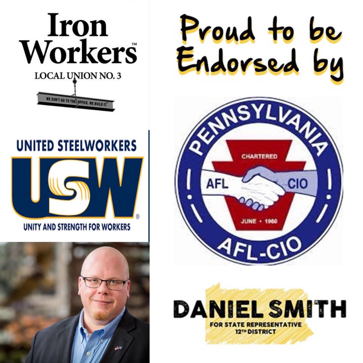 danielforpa's tweet photo. What better way to start the weekend then to be endorsed by those who FOUGHT for weekends!!  Truly humbled to be endorsed by @PaAFL_CIO @iwlocal3 and @steelworkers #InSolidarity #DanielForHD12 #PAHD12 #BuildingCommunitiesTogether https://t.co/TyHIbwu33k