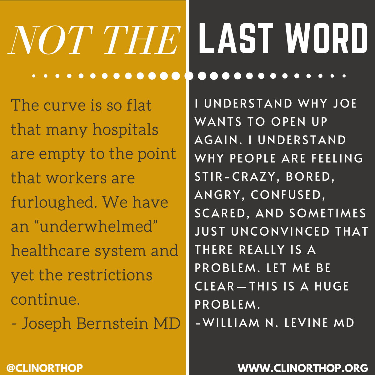 Clinorthop's tweet photo. Currently the most viewed paper on https://t.co/0DaBDil0bA! Want the last word? Send us a letter to the editor: corr@clinorthop.org
Not the Last Word: How Necessary COVID-19 Lockdowns Can Go Too Far
#CORRColumns #COVID-19 #NTLW
https://t.co/1NYqHKU7fA https://t.co/VulHGItMhX