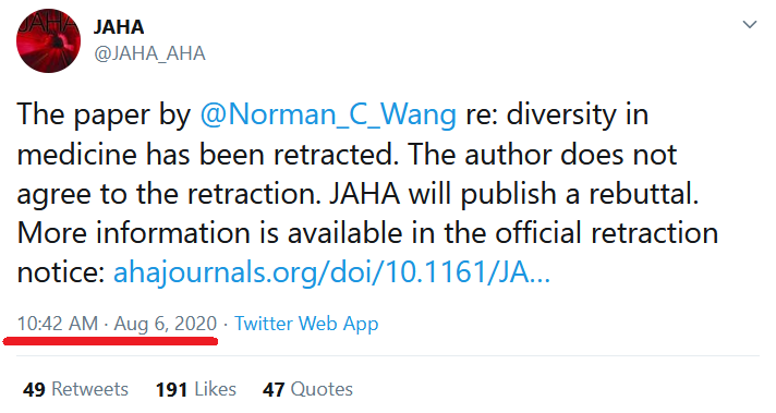 27/ Finally, the Journal of the American Health Association retracted his paper....in 3 days.So this is not like publishing in your local newspaper. Typically a paper takes MONTHS to get published, and a re-review would take weeks if not months. This decision took in 3 days...