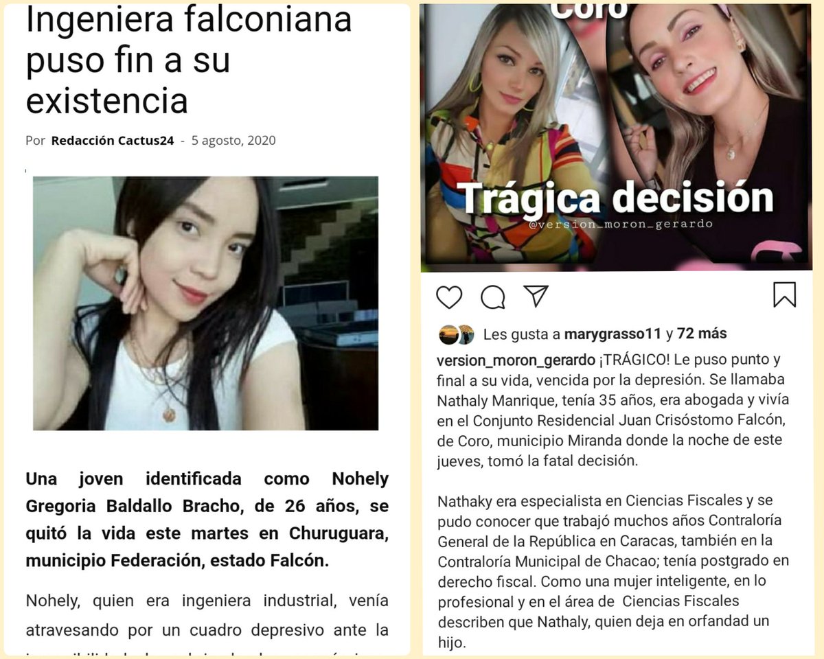 VanessaFlores_1's tweet image. Quiero llamar a la reflexión  con este hilo

En 72 horas han muerto en el estado Falcon dos Jóvenes hermosas profesionales víctimas de alguna manera de toda esta crisis que nos presiona mentalmente a unos más que otros... 
Nathaly abogada
Noheli Ingeniera
Pusieron fin a sus vidas