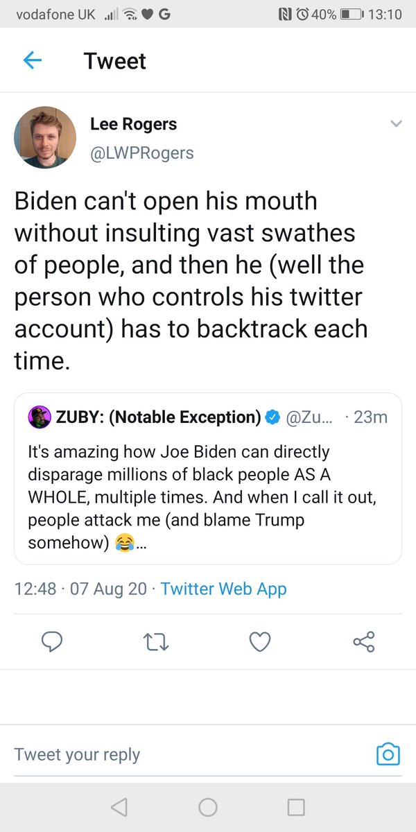 Everyday Racists *57. One does wonder about these accounts. 'Lee' swings from relative coherence about Joe Biden ('swathes', indeed) to a more primal 'Get too fuck' when his beloved Farage is impugned. Lone moron, or bot? Unpleasant, either way.