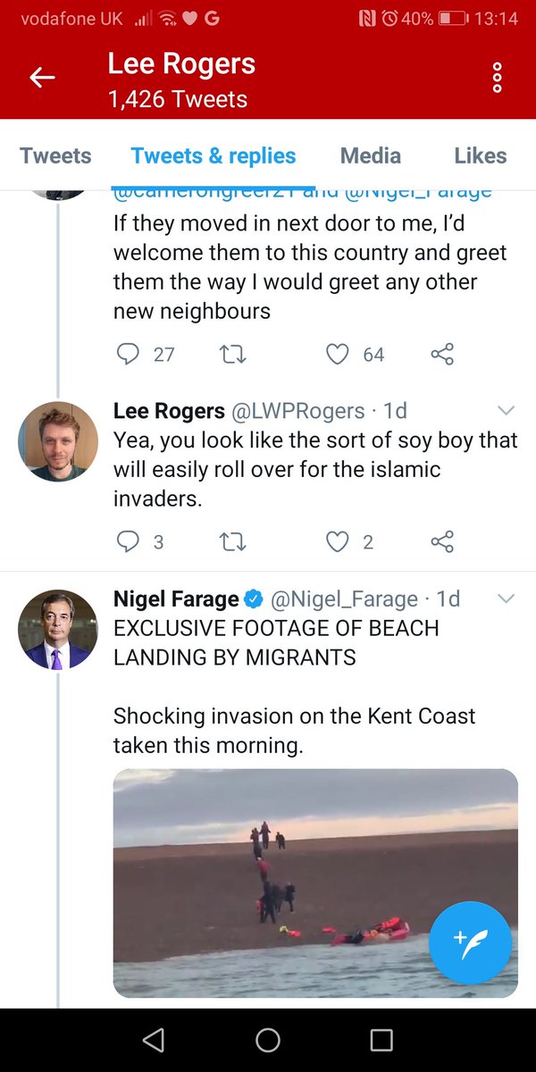 Everyday Racists *57. One does wonder about these accounts. 'Lee' swings from relative coherence about Joe Biden ('swathes', indeed) to a more primal 'Get too fuck' when his beloved Farage is impugned. Lone moron, or bot? Unpleasant, either way.