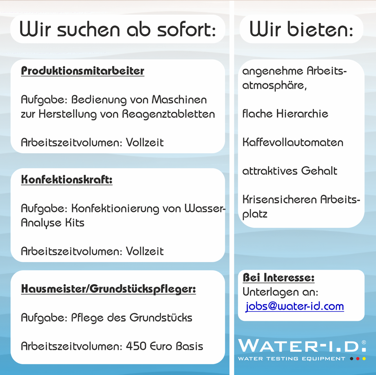 Water_id_GER's tweet photo. Wir suchen dringend nach Verstärkung!
Wenn du Interesse an einem interessanten und sicheren Arbeitsplatz hast, bewirb dich jetzt und werde Teil des Teams.
Schick uns Deine Unterlagen an jobs@water-id.com
Falls Ihr jemand kennt, der nach Arbeit sucht, gerne teilen. https://t.co/4n97lOZ9yW