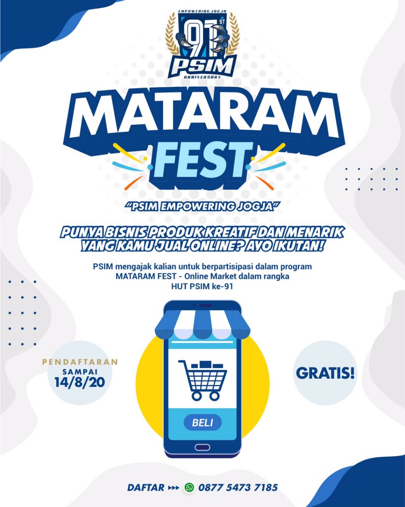 PSIMJOGJA's tweet photo. Kalian memiliki usaha kreatif di Jogja, Dab? PSIM akan mendukung UMKM Jogja dalam program "Mataram Fest-Online Market" 91 Tahun PSIM Jogja 🤝

Ayo bergabung dan daftarkan usaha kalian. Raih kesempatan untuk usaha kalian lebih dikenal. 

Caranya? 👇🏼

#MataramFest #PSIM91 #AYDK https://t.co/oKoxkSPSiJ