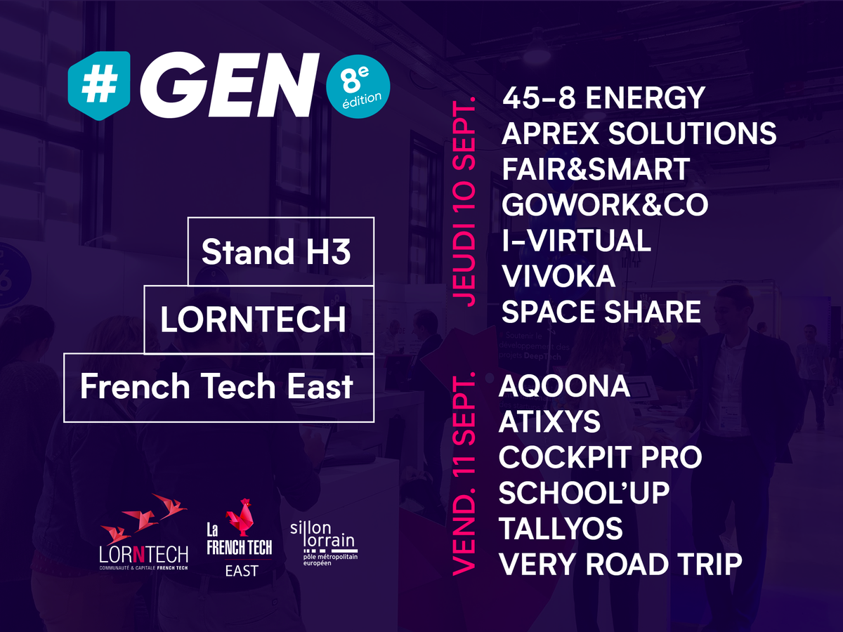 FrenchTech_Est's tweet photo. SAVE THE DATE #GEN2020 
LORNTECH &amp; @FrenchTechEast accueillerons plusieurs startups de l'écosystème sur l'évènement les 10 &amp; 11 sept. prochains  ! 
👉https://t.co/glArWHPQhq https://t.co/70RyJxIbuR