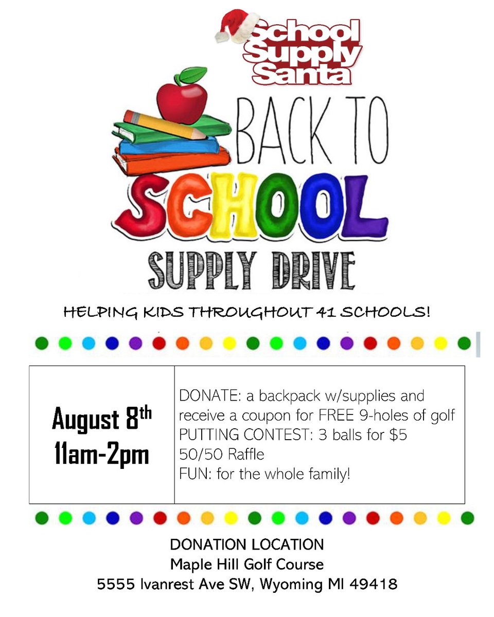 Check out the awesome event happening TOMORROW, Aug. 8th.  School Supply Santa will be at Maple Hill Golf collecting school supplies for 41 area schools. 
Can't make it tomorrow? You can still donate at drop off locations through Wed. Aug. 12! #SSS #HelpingKids #MoreThanSigns