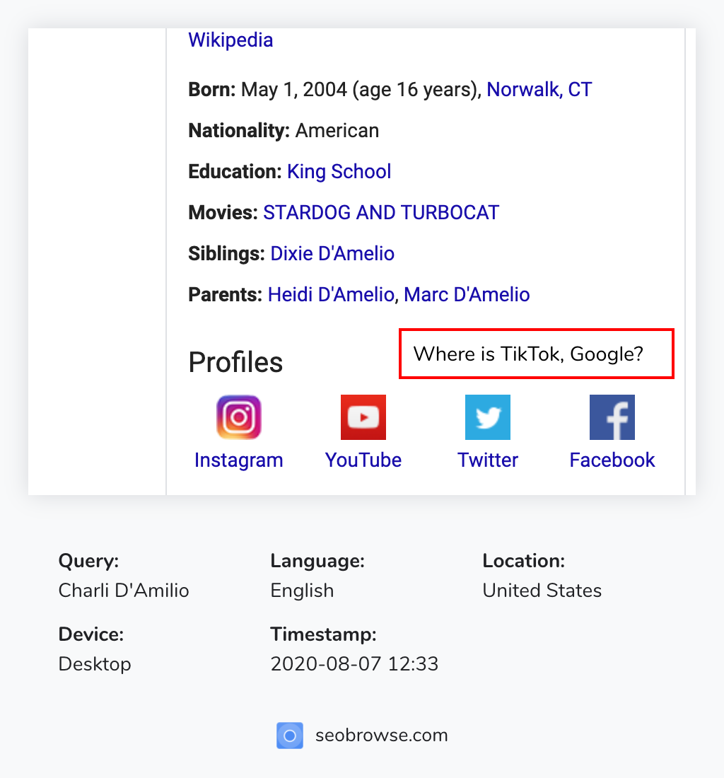 Google pushing only YouTube rips on queries for TikTok biggest stars is pretty awkward.Also, no mention of TikTok in the Knowledge Panel under social profiles. @JohnMu Google can do better here no? / bonus