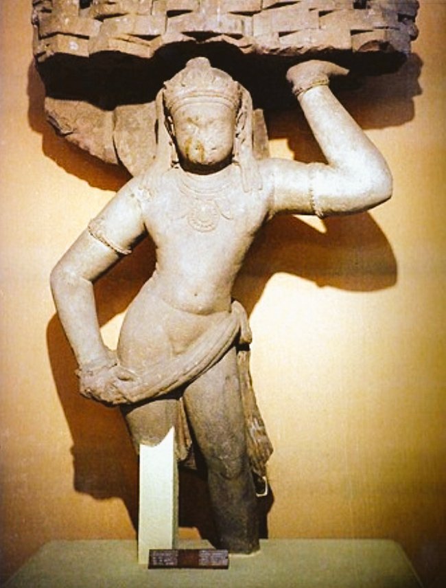 is a colossal figure of Krishna effortlessly lifting up Govardhana mountain, found at Varanasi. A stone sculpture of a larger than life figure of a horse (probably representing an ashavmedha horse) carved out of beige sandstone found at