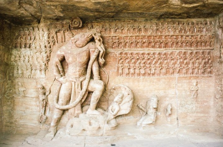 rescuing he earth from the waters in the form of Nri-Varaha (body of a man and head of a boar), and Elephanta caves, the largest one of which is dedicated to Shiva. The Buddha images of this period displayed a greater variety of mudras than before.