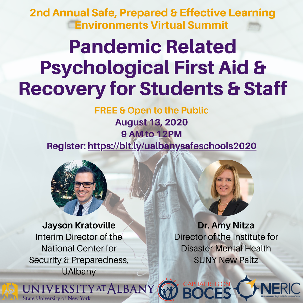 8/13 #Pandemic Related Psychological #FirstAid and Recovery for Students &amp; Staff. We're all feeling the effects of the pandemic, both mentally and physically. Learn more about what you can do to help yourself and others. Register at bit.ly/ualbanysafesch…