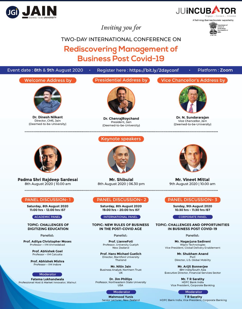 JainLaunchpad's tweet photo. 2 day international conference on Rediscovering Management of Business Post COVID-19
Event date: 8th &amp; 9th August 2020 | Platform: Zoom https://t.co/yvYKOhAs3f