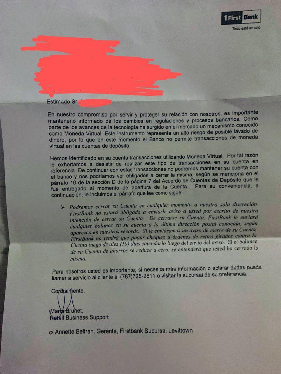 First Bank Puerto Rico will close your bank account if you use crypto  because they claim it is heavily linked to money laundering but will  happily take your cash (used even more