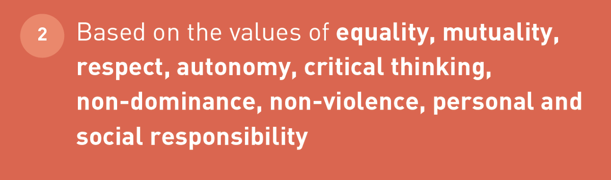 EWL’s Principle #2 for  #FeministSex Education: Based on the values of equality, mutuality, respect, autonomy, critical thinking, non-dominance, non-violence, personal and social responsibility.  #FeministSex  http://bit.ly/3hCiQtn 