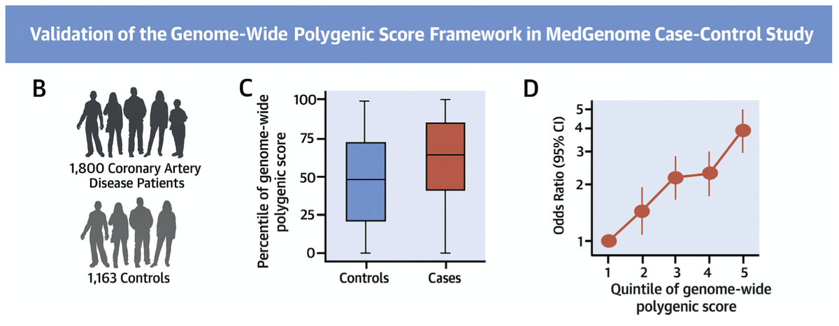 With  @MedGenomeLabs, we studied 3,000 coronary artery disease cases or controls in Indiacases were in the 64th % of the distribution and oods ratio of top versus bottom quintile ~4Top 5% versus middle quintile >3x riskand not captured by clinical risk factors