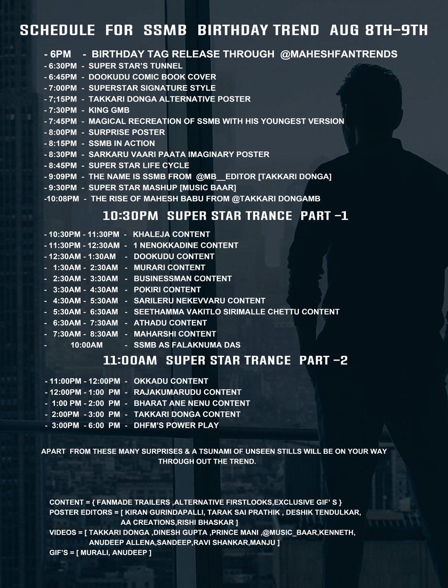 MaheshFanTrends's tweet photo. Here Is The Schedule For @urstrulyMahesh 's Birthday Trend ( August 8th ) !! 🔥 #SSMBBdayTrendOnAug8th #SarkaruVaariPaata https://t.co/prli97fgO0