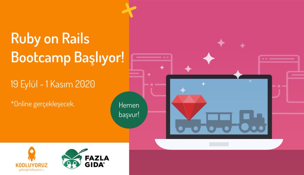 fazla_tr's tweet photo. Yarattığın teknolojiyle neler değiştirebileceğini görmek mi istiyorsun?
#rubyonrails Boot Camp son başvuru tarihi 30 Ağustos! Kontenjan 35 kişi, dolmadan yerini kap!
#KodluyoruzRakunluyoruz
#ThinkTankTeam @kodluyoruz https://t.co/Dxgif6LBoS